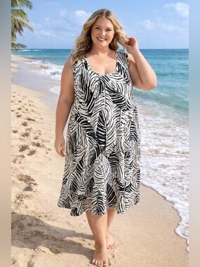 Cynthia Rowley Black & White Leaf Print Midi Dress